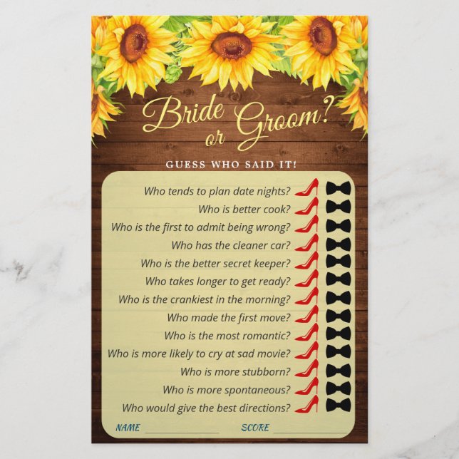 Wood Sunflower Blossom Greenery Bridal Shower Game (Front)