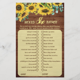 Wood Sunflower Blossom Greenery Bridal Shower Game