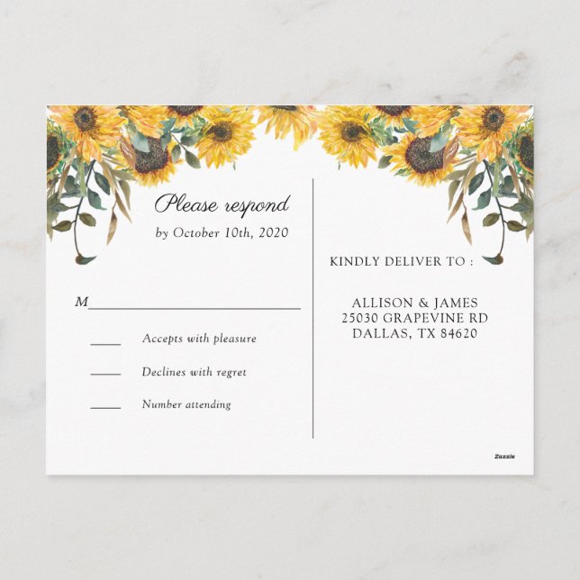 Wood Sunflower Country Wedding RSVP Postcard (Back)