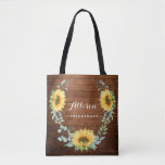 Wood Sunflower Eucalyptus Rustic Wedding Tote Bag<br><div class="desc">Give your bridal party a tote bag that'll make them feel totally flattered! These totes come customised to say anything that you'd like. For further customisation, please click the "customise further" link and use our design tool to modify this template. If you need help or matching items, please contact me....</div>