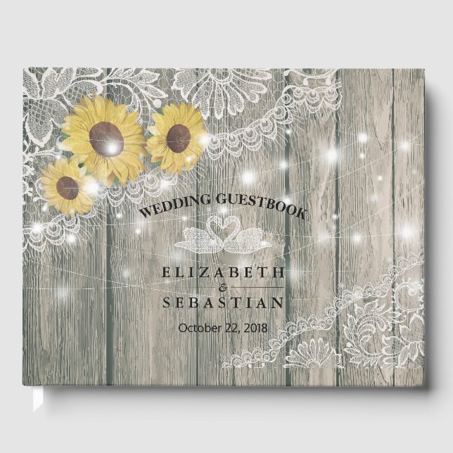 Wood Sunflower Lace String Light Wedding Guestbook (Front)