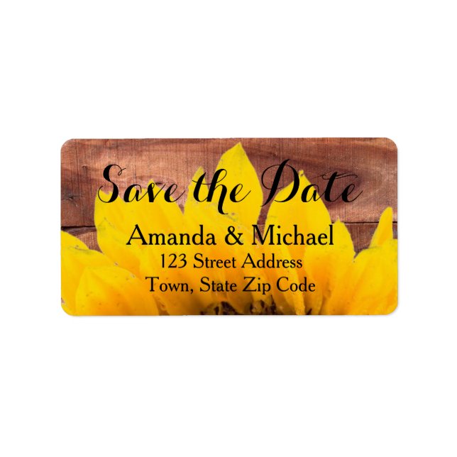 Wood Sunflower Rustic Save the Date Label (Front)