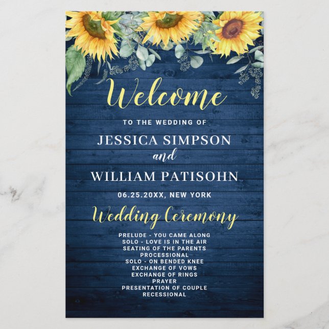 Wood Sunflower Rustic Wedding Ceremony Program (Front)