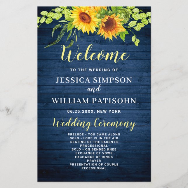 Wood Sunflower Rustic Wedding Ceremony Program (Front)