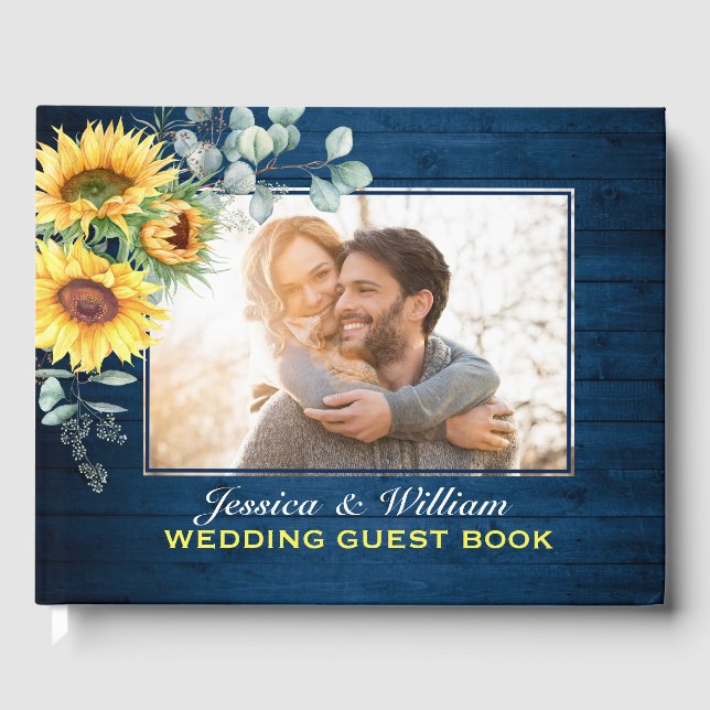 Wood Sunflower Watercolor Rustic PHOTO Wedding  Guest Book (Front)