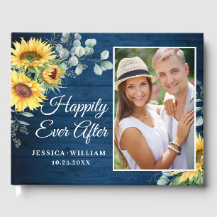 Wood Sunflower Watercolor Rustic PHOTO Wedding  Guest Book