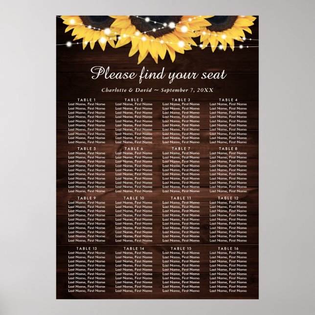 Wood Sunflower Wedding Seating Plan 16 Poster (Front)