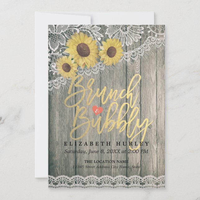 Wood Sunflowers Lace Brunch Bubbly Bridal Shower Invitation (Front)