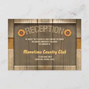 wood & sunflowers wedding reception design enclosure card