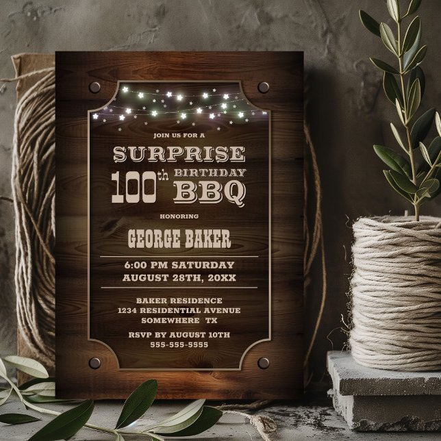 Wood Surprise 100th Birthday BBQ Invitation (Creator Uploaded)