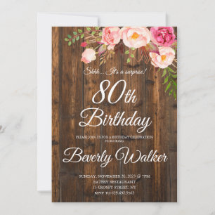 Wood Surprise 80th Birthday Rustic Floral Invitation