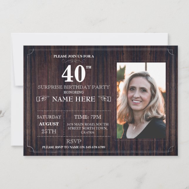 Wood Surprise Birthday Party 40th Invite Any Age (Front)