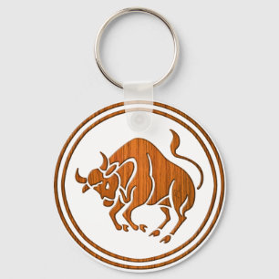 Wood Taurus Zodiac Bull Astrology Sign Key Ring