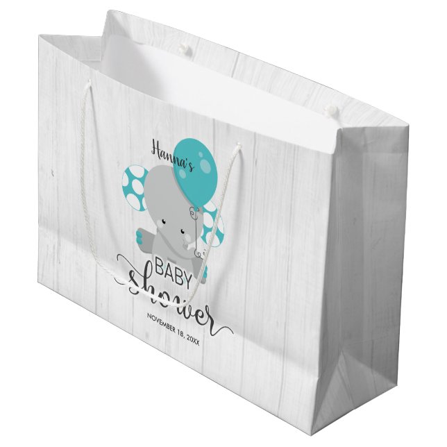 Wood & Teal Elephant Gender Neutral Baby Shower Large Gift Bag (Front Angled)