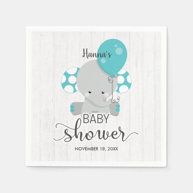Wood & Teal Elephant Gender Neutral Baby Shower Napkin (Front)