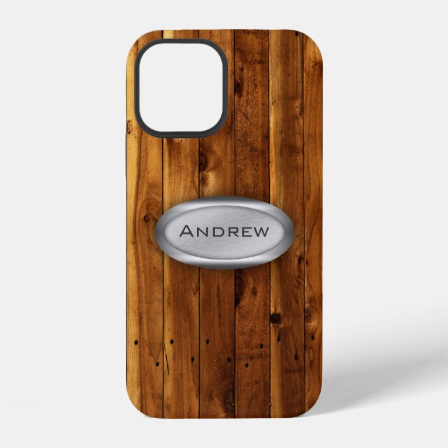 Wood Texture Pattern Metallic Nameplate iPhone Case (Back)