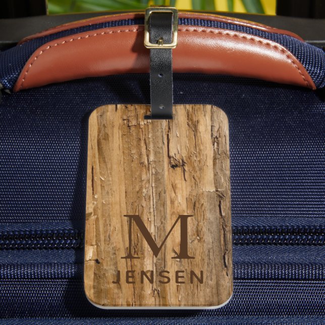 Wood Textured Modern Monogram Personalised Name Luggage Tag (Front Insitu 2)