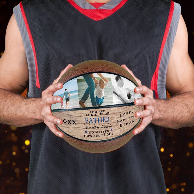 Wood Theme Father's Day Dad's Birthday Basketball (basketball with photos and sentimental text for dad's Birthday or Father's Day)