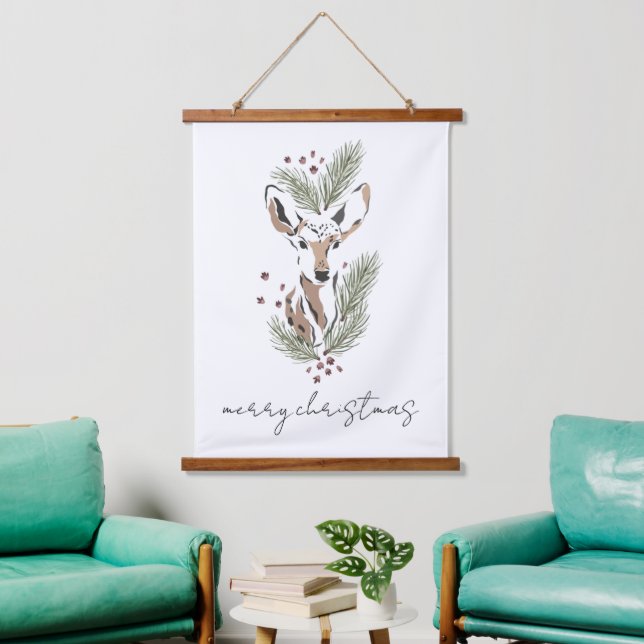 Wood Topped Christmas Holiday Deer Boughs Hanging Tapestry (Living Room)