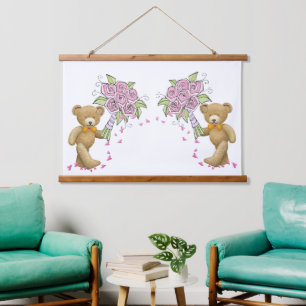 Wood Topped Wall Tapestry Bear Flowers Floral