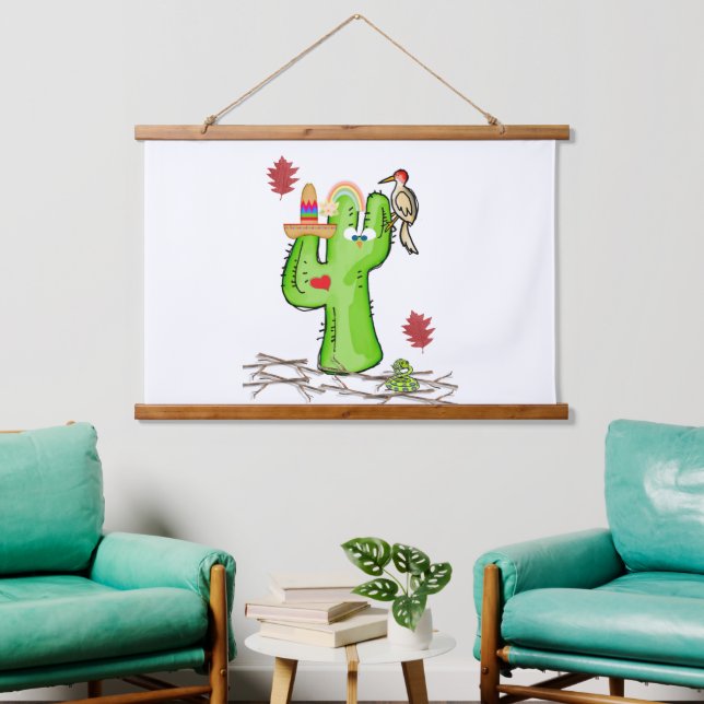 Wood Topped Wall Tapestry  Cactus Snake Bird (Living Room)