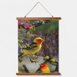Wood Topped Wall Tapestry Golden Songbirds and Red