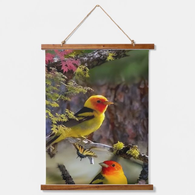 Wood Topped Wall Tapestry Golden Songbirds and Red (Front)