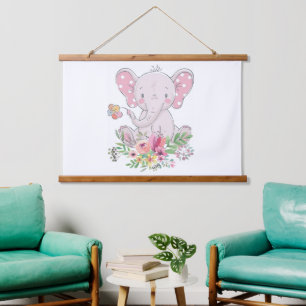 Wood Topped Wall Tapestry Pink Elephant Floral 