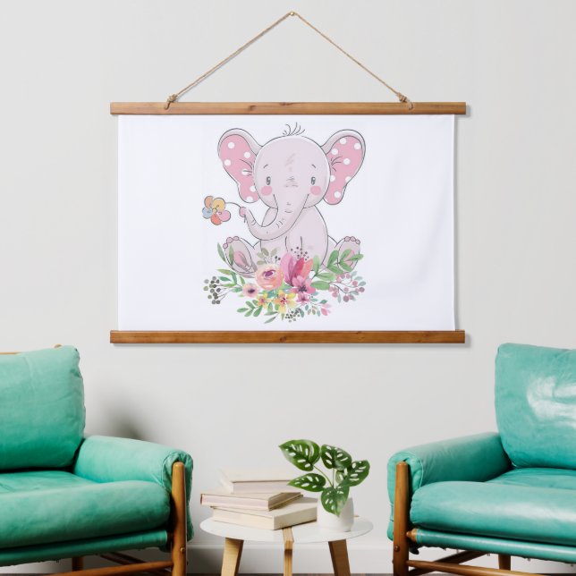 Wood Topped Wall Tapestry Pink Elephant Floral  (Living Room)