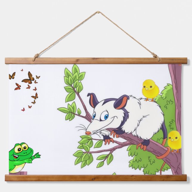 Wood Topped Wall Tapestry Possum Frog Chick Floral (Front)
