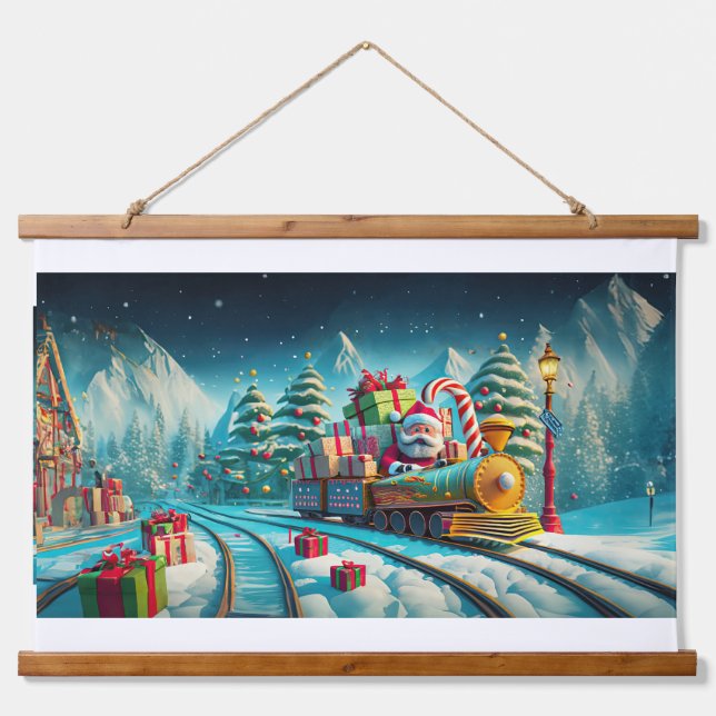 Wood Topped Wall Tapestry Santa North Pole Express (Front)
