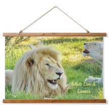 Wood Topped Wall Tapestry White Lion & Lioness! 