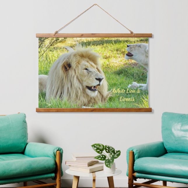 Wood Topped Wall Tapestry White Lion & Lioness!  (Living Room)