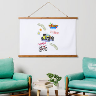 Wood ToppedWall Tapestry Hero Bicycle Car Aeroplan