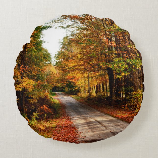 Wood trail with fall foliage round cushion (Front)