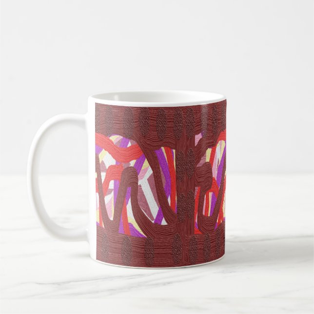 Wood tree engraved brown themed plus red purple coffee mug (Left)