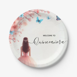 Wood Tree Pink Girly Cherry Blossom Quinceanera Paper Plate
