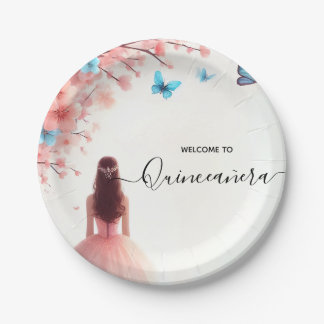 Wood Tree Pink Girly Cherry Blossom Quinceanera Paper Plate