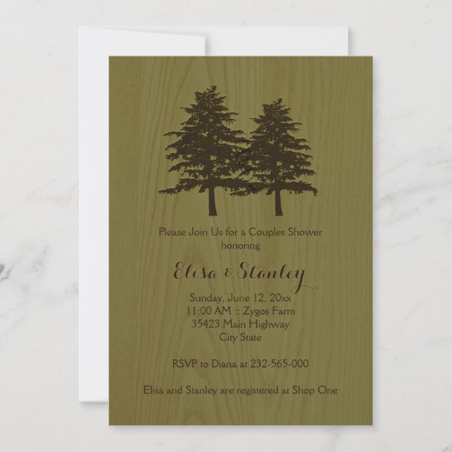 Wood & trees green woodland wedding couples shower invitation (Front)