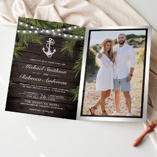 Wood Tropical Palm Silver Anchor QR Code Wedding Invitation