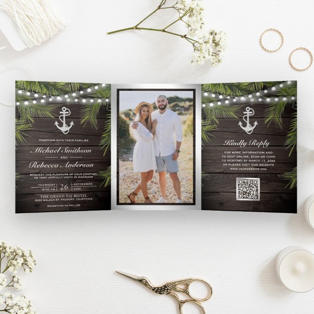 Wood Tropical Palm Silver Anchor QR Code Wedding Tri-Fold Invitation (Creator Uploaded)