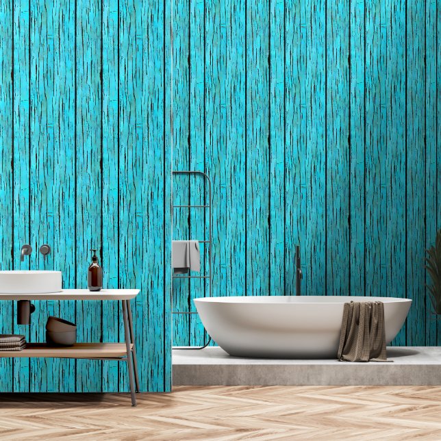 Wood turquoise distressed rustic country beach wallpaper (Bathroom)