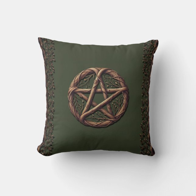 Wood Twig Pentacle Olive Green Wiccan  Cushion (Front)