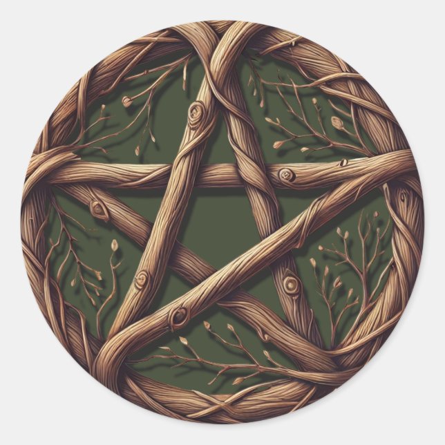 Wood Twig Pentacle Olive Green Wiccan Wedding Classic Round Sticker (Front)