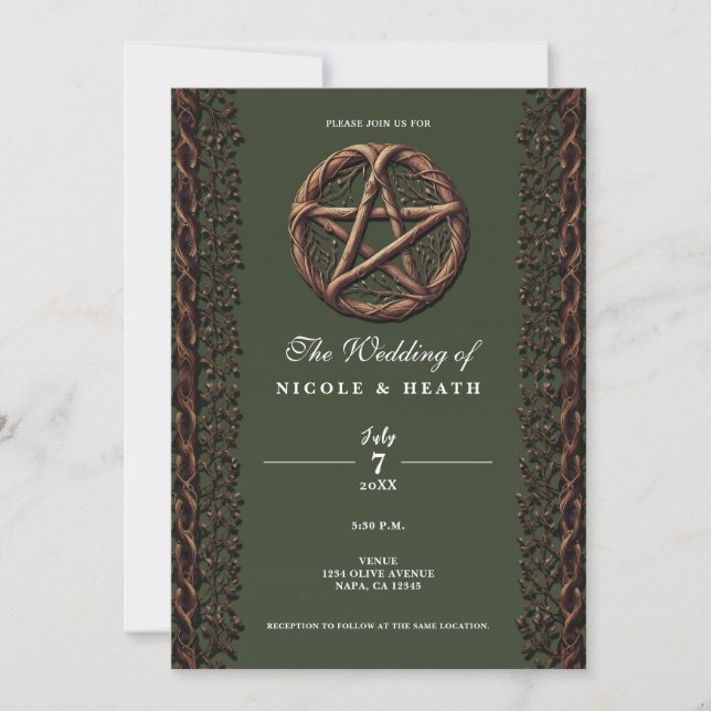 Wood Twig Pentacle Olive Green Wiccan Wedding Invitation (Front)