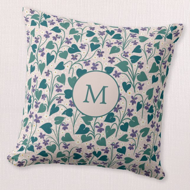 Wood Violet Anemone Flower Botanical Monogram Cushion (Wood violet anemone flower wildflower monogram initial personalized throw pillow)