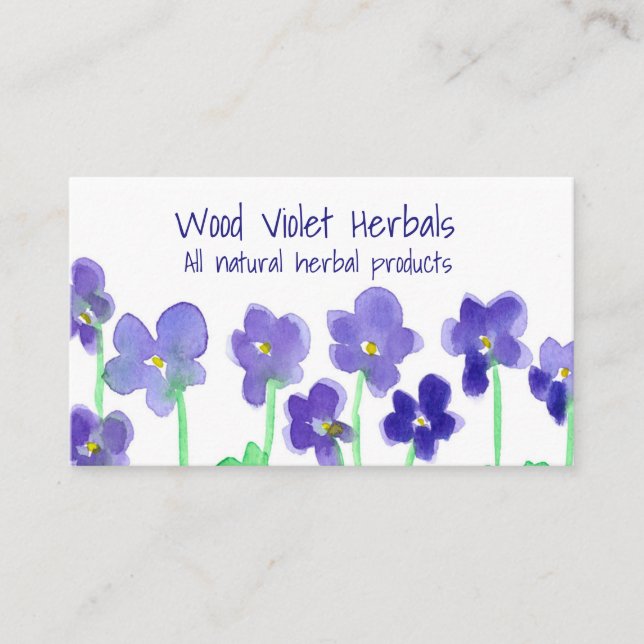 Wood Violets Watercolor Flowers Business Card (Front)