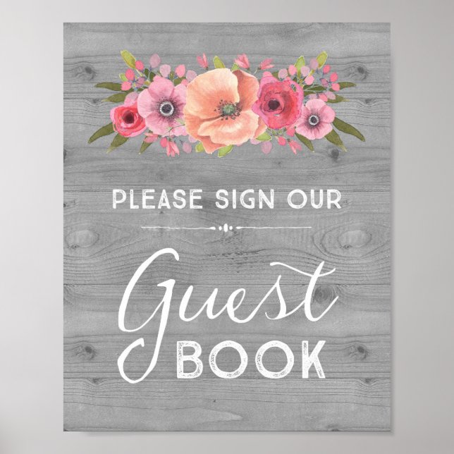 Wood Watercolor Floral Guest Book Wedding Sign (Front)