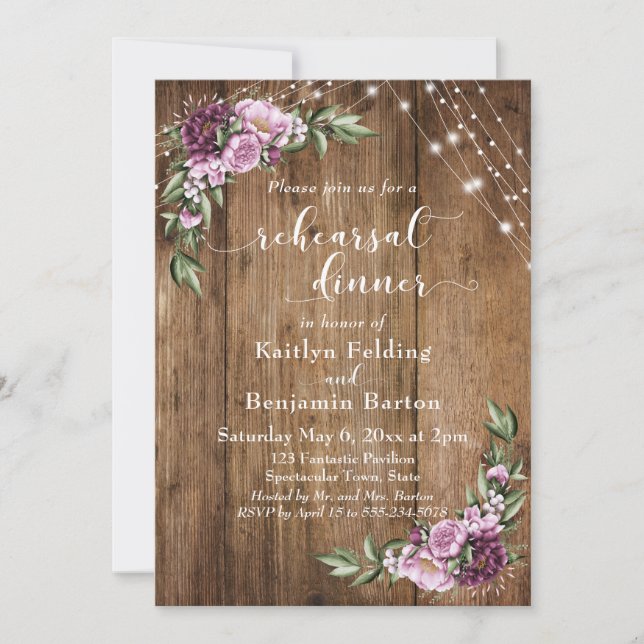 Wood, Watercolor Flowers & Lights Rehearsal Dinner Invitation (Front)