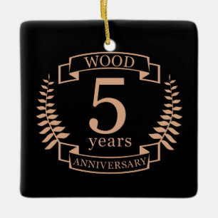 Wood wedding anniversary 5 years ceramic ornament